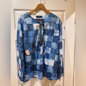 ChicMe Womens Blue White Art Color Block Zipper Front Long Sleeve Blouse